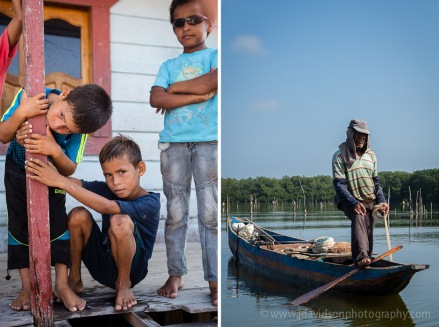 A group of boys took a break from soccer to visit with us, left.  While younger boys spend their day at play en masse, men spend much of the day on the water, right, working alone or in pairs to catch fish for food and income.