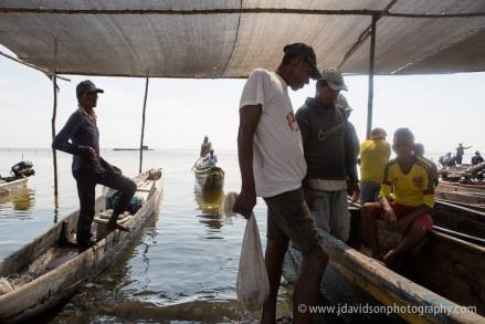 Fishermen in a wooden canoe approach the fish market in Tasajeras, bringing in fish caught in the surrounding lagoon.